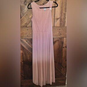 Pink dress with gold sparkles.